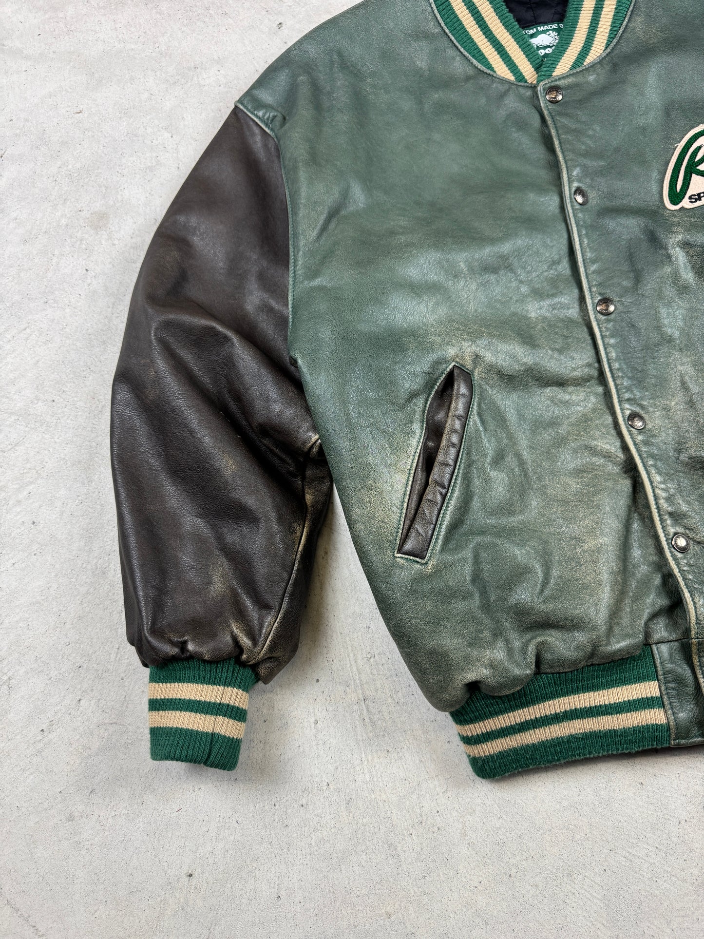 1990s Faded Green Roots Varsity Jacket