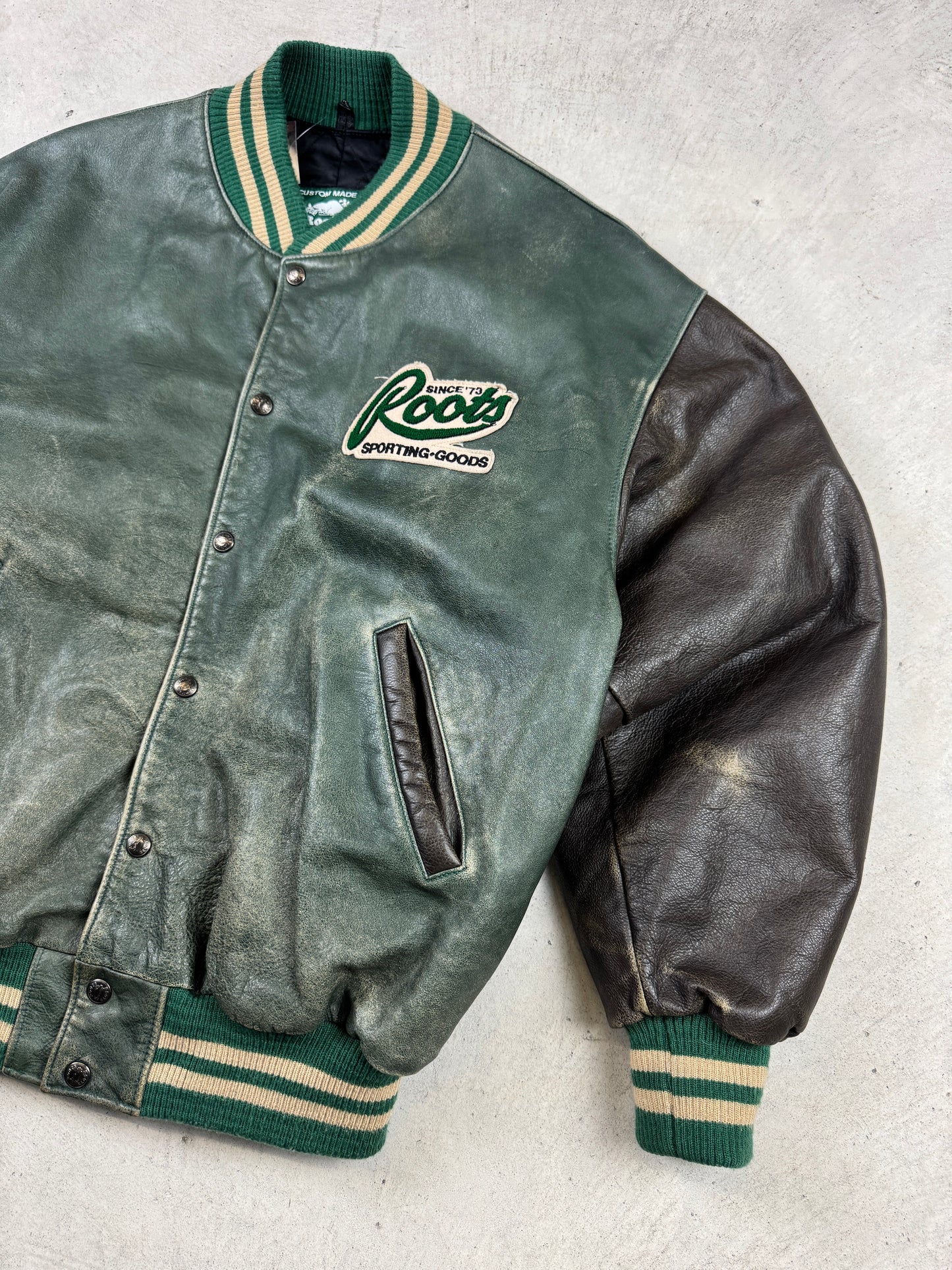 1990s Faded Green Roots Varsity Jacket