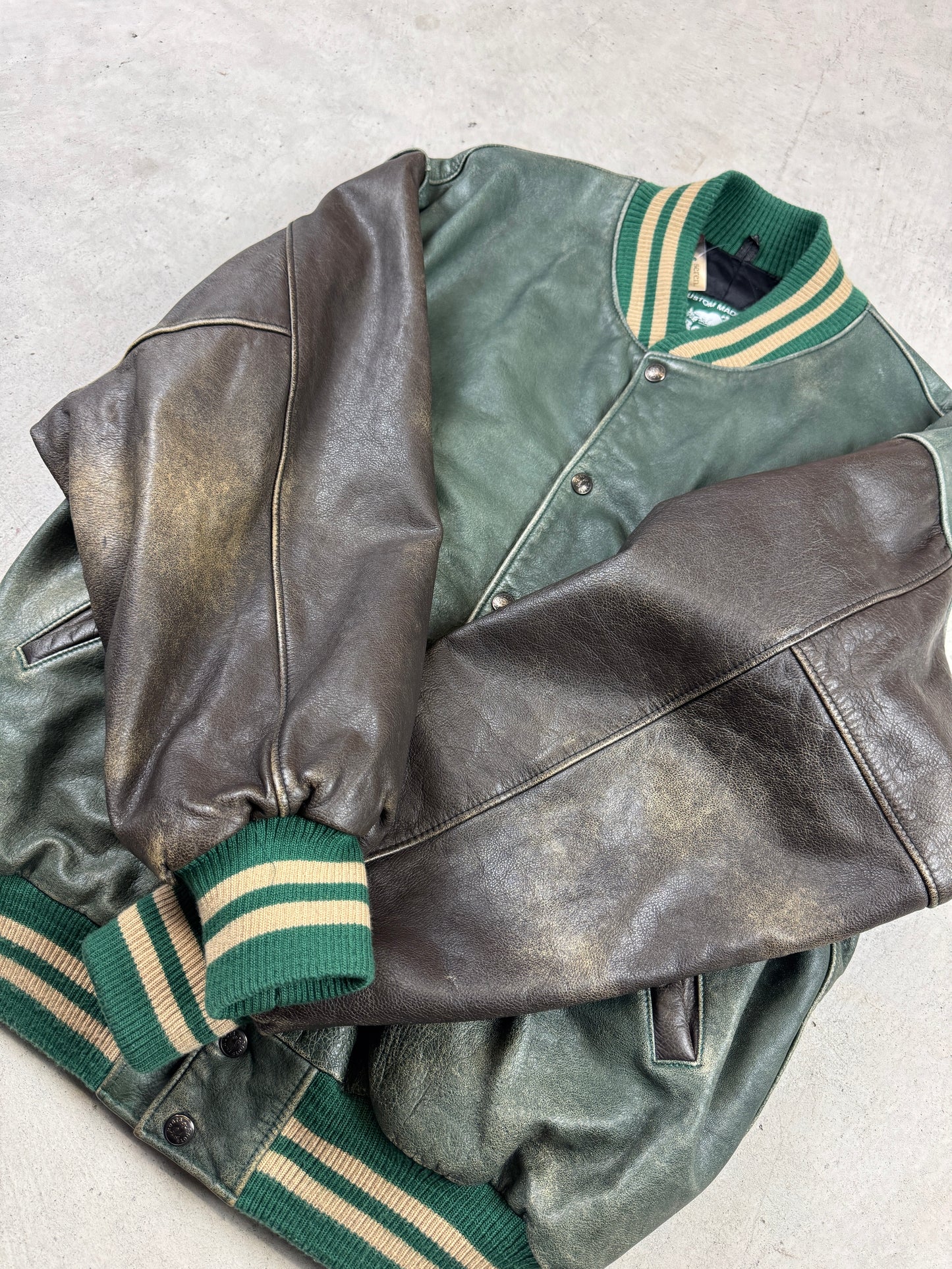 1990s Faded Green Roots Varsity Jacket