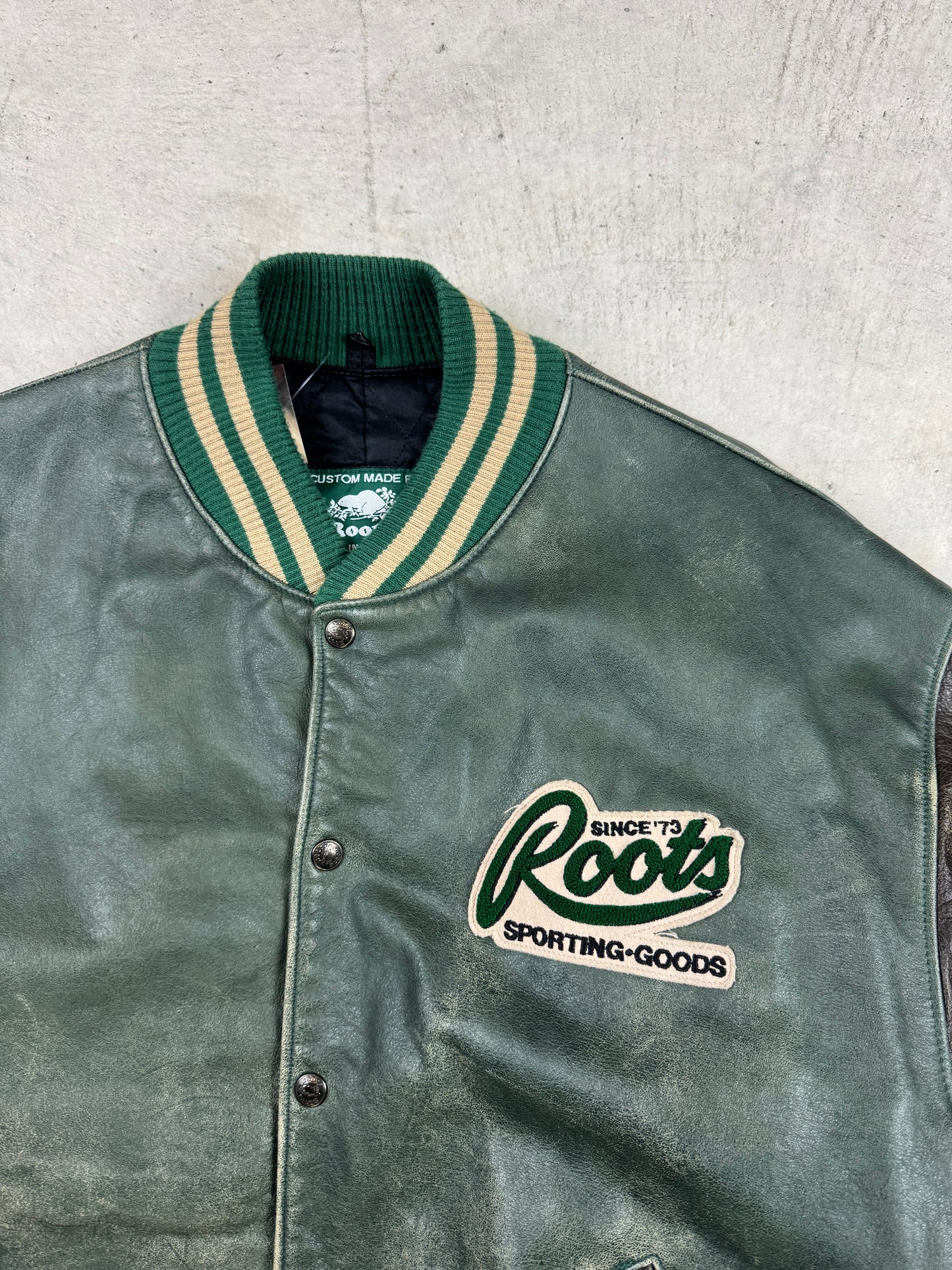 1990s Faded Green Roots Varsity Jacket