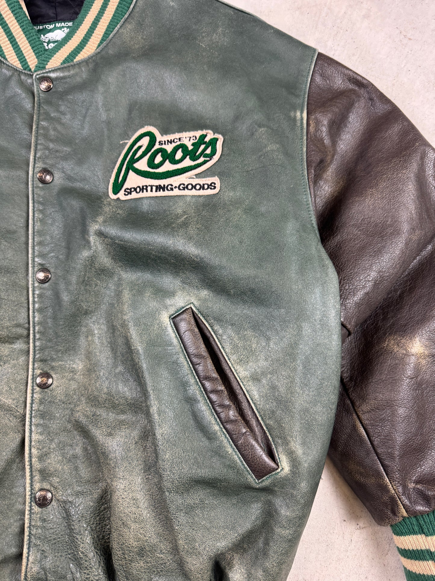 1990s Faded Green Roots Varsity Jacket