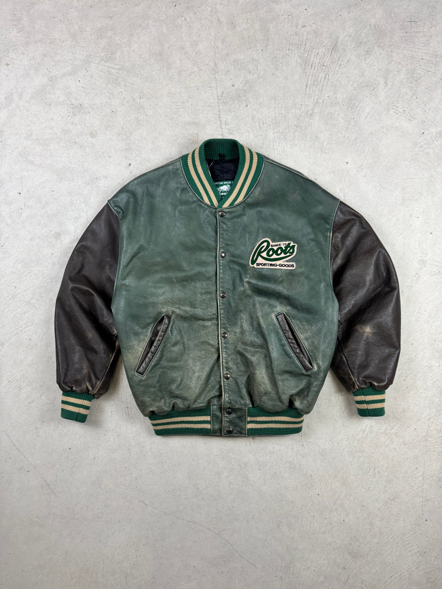 1990s Faded Green Roots Varsity Jacket