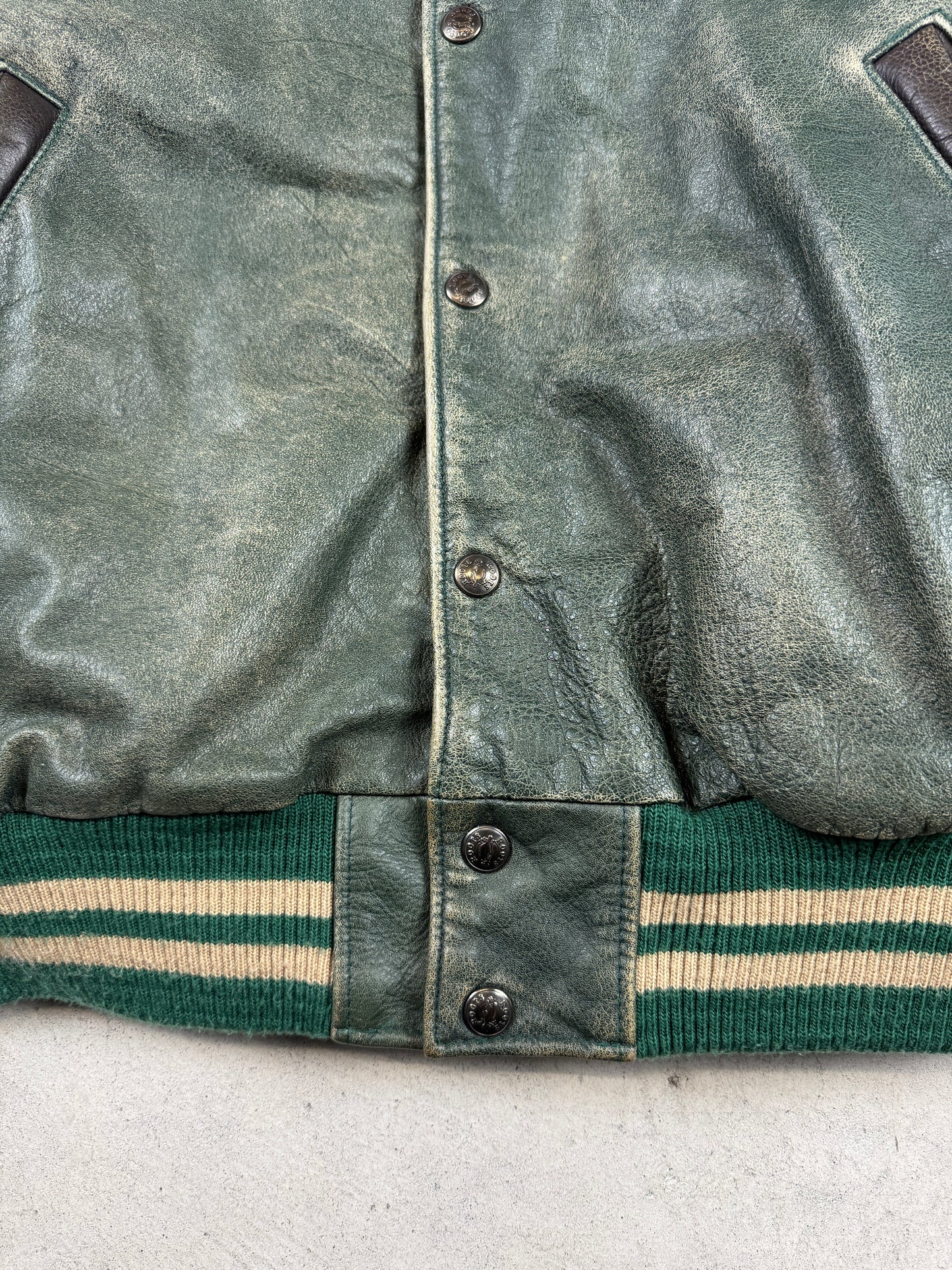 1990s Faded Green Roots Varsity Jacket